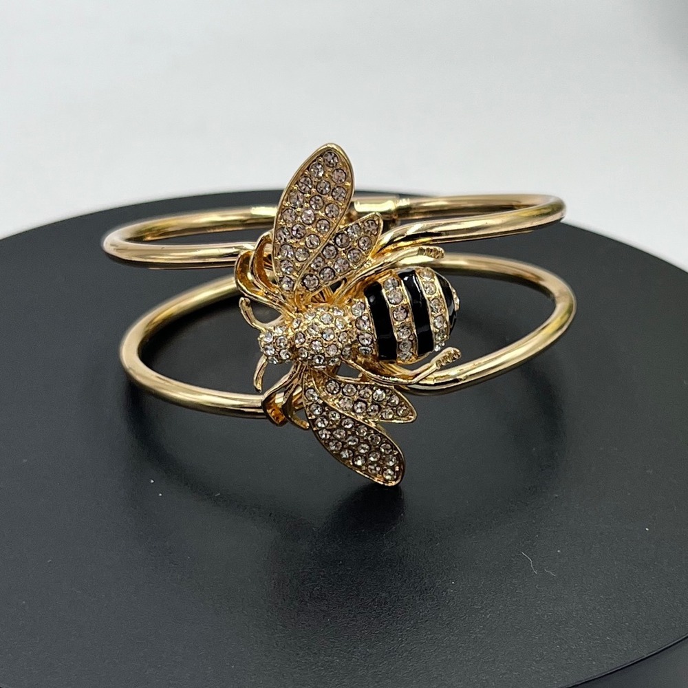 Gold Tone Clear and Black Rhinestone Queen Bumble Bee Bracelet Hinged Bangle‎